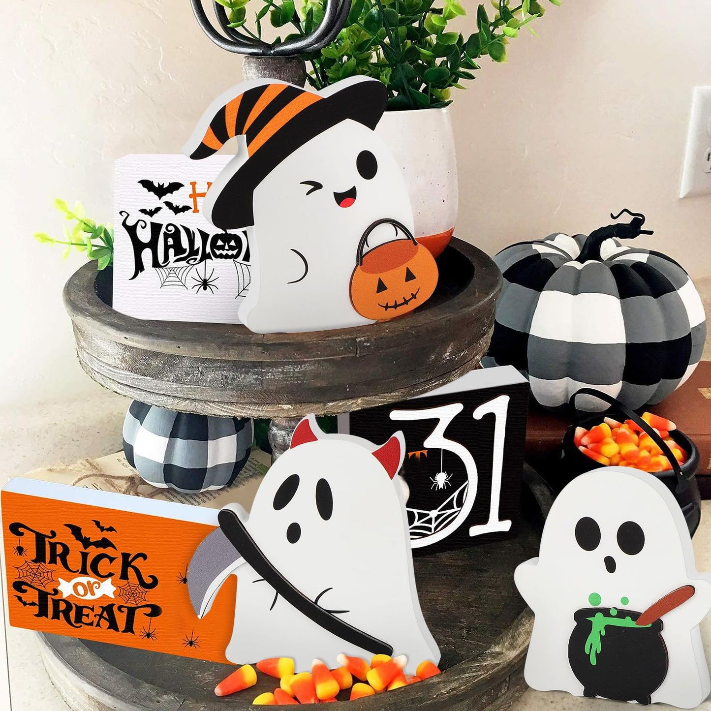COCHIE Cute Ghost Halloween Decorations Indoor, Wooden Tiered Tray Decor Table Sign Set of 3, Black Cat Bat Witch Broom Signs Pumpkin Blocks for Party Home Shelf Display (C-Ghost)
