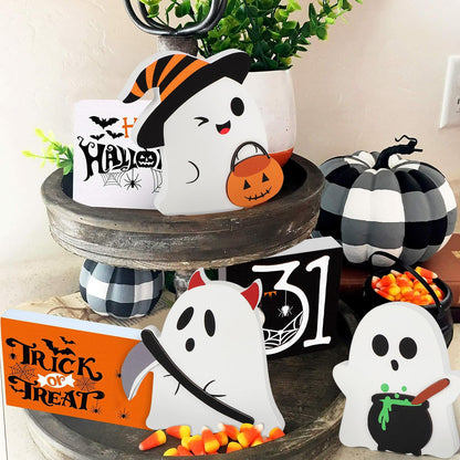 COCHIE Cute Ghost Halloween Decorations Indoor, Wooden Tiered Tray Decor Table Sign Set of 3, Black Cat Bat Witch Broom Signs Pumpkin Blocks for Party Home Shelf Display (C-Ghost)
