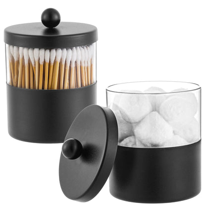 Gaussra Black Apothecary Jars, Black Qtip Holder - Stainless Steel Bathroom Jar with Stickers - Farmhouse Decor Qtip Dispenser for Qtips, Cotton Balls, Swabs, Makeup Sponges (2-Pack)