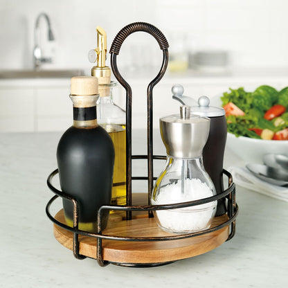 Mikasa Gourmet Basics Hanover Condiment Caddy with Rotating Caddy Organizer Design, Acacia Wood Insert - Durable, BPA-Free, Heavy-Gauge Carbon Structured Steel for Condiment Storage
