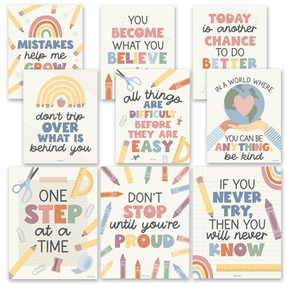 Hadley Designs Motivational Poster for Classroom Decor - 9 Growth Mindset Classroom Posters Elementary, Inspirational Wall Decor Middle School, Teacher Must Haves, Boho Bulletin Board Decorations