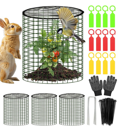 Plant Protector from Animals with Detachable Covers - 4 Pack 16”x 16" Wire Cage Cloches with Ground Stakes and Tools for Protecting Vegetable, Flower, Seedling