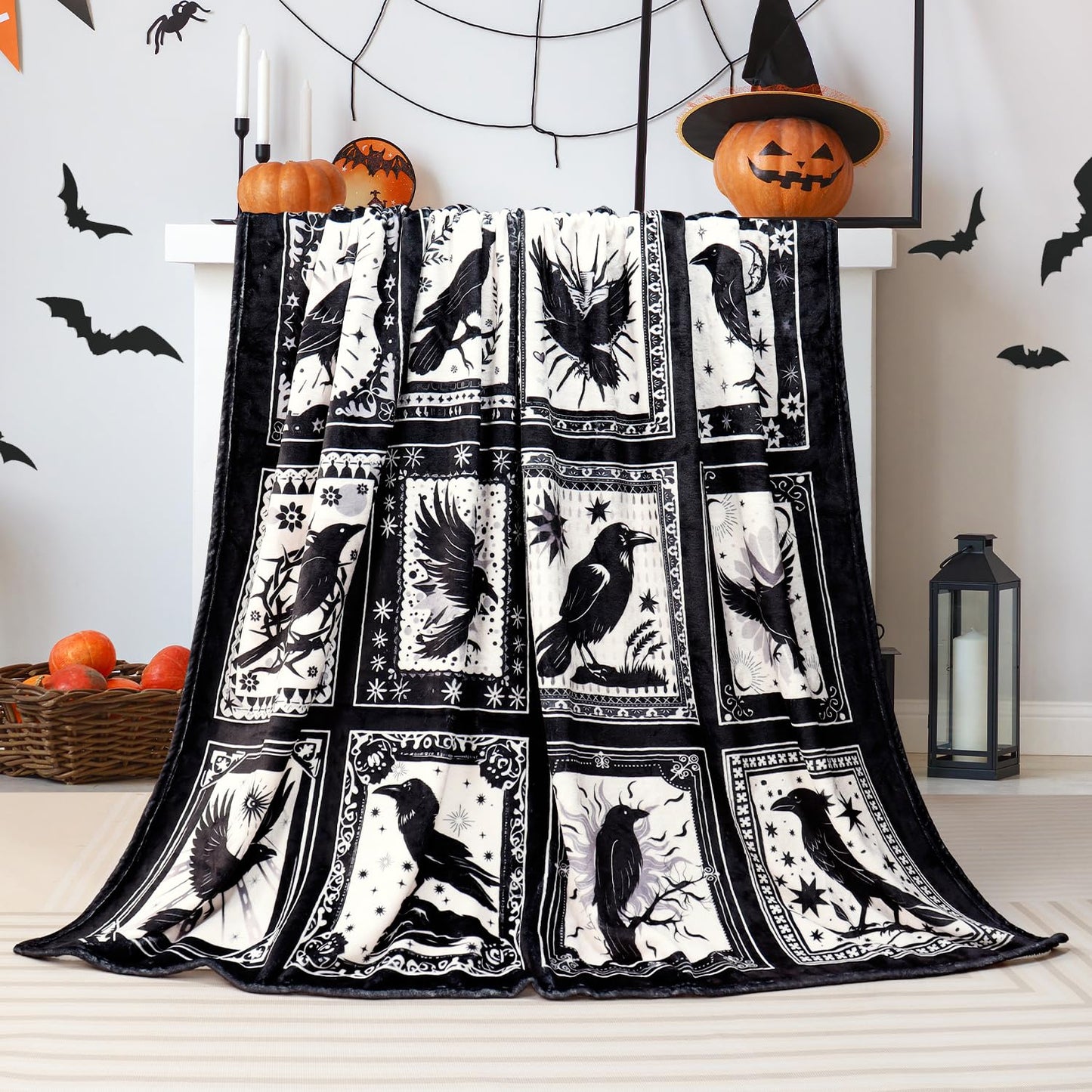 Bird Blanket Halloween Black Gothic Throw Blanket Ultra Soft Retro Hummingbird Blankets Raven Crow Throw Bird Lover Gift Bed Cover Cozy Flannel Fuzzy Plush Couch Cover for Sofa 50" X 60"