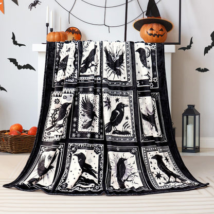 Bird Blanket Halloween Black Gothic Throw Blanket Ultra Soft Retro Hummingbird Blankets Raven Crow Throw Bird Lover Gift Bed Cover Cozy Flannel Fuzzy Plush Couch Cover for Sofa 50" X 60"