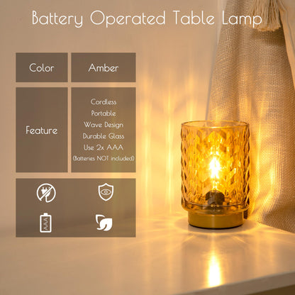 LUSHARBOR Battery Operated Lamp with Timer, Small Decorative Table Lamp Ambient, Glass Cordless Lamps Bedside Battery Powered Lamp for Bookshelf, Entryway Wave Design-Amber