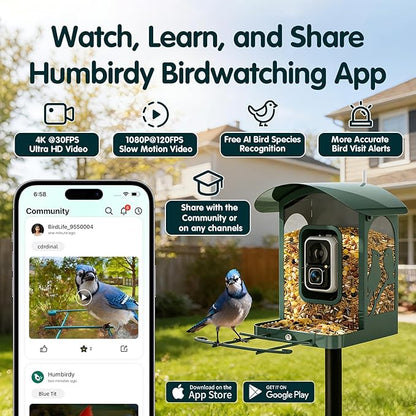 Bird Feeder with Camera, 4K Ultra HD Video with 30fps Live View, 10x Slow Motion, No Subscription, Solar Powered AI Smart Bird Feeder with Camera, 2.4G/5G Wi-Fi, Durable Metal,Bird Lover Gift