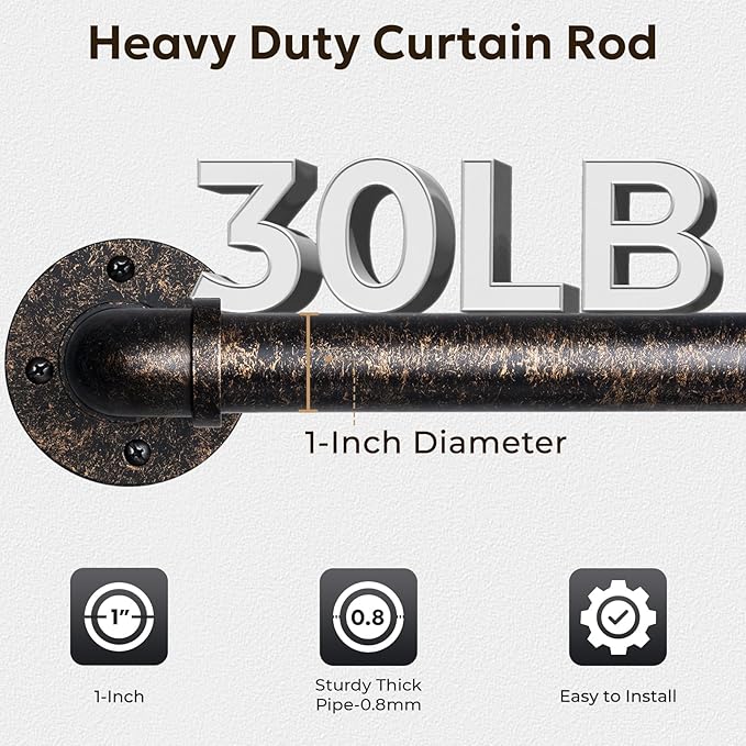 Zeerobee Curtain Rods for Windows 66 to 120, 1 Inch Industrial Wrap Around Vintage Bronze Curtain Rod, Indoor/Outdoor Room Divider Adjustable Drapery Pole, 66"-120"