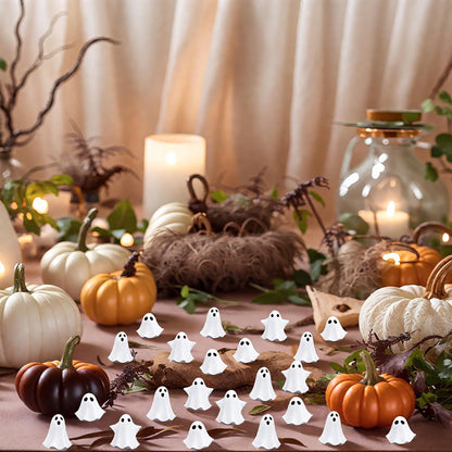 FESTGLOX 50Pcs Mini Resin Ghosts, Small Ghost Figurines, Tiny Halloween Miniatures for Spooky Tiered Tray Decor, Vase Filler, Home Tabletop Shelf Centerpieces, Party Favors Gift
