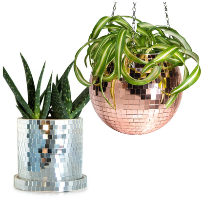 SCANDINORDICA Disco Ball Planter 8" Rose Gold with Chain and Macrame Hanger and Disco Ball Planter Pot 4.3" with Saucer (0.3x0.3 mirror tiles)