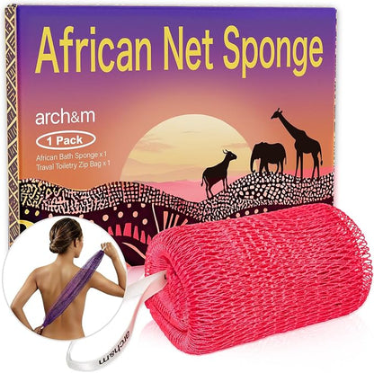 ARCH&M Authentic African Net Sponge Extra-Long 53" Back Scrubber | Quick-Dry Exfoliating Shower Loofah, Smoother Skin For Women and Men Daily Use, Soft Mesh for Sensitive Skin