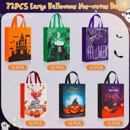 Paterr 72 Pcs Halloween Tote Gift Bags 14.96 x 11.8'' Large Trick or Treat Bags Non Woven Candy Treat Goody Reusable Tote for Halloween Party Supplies