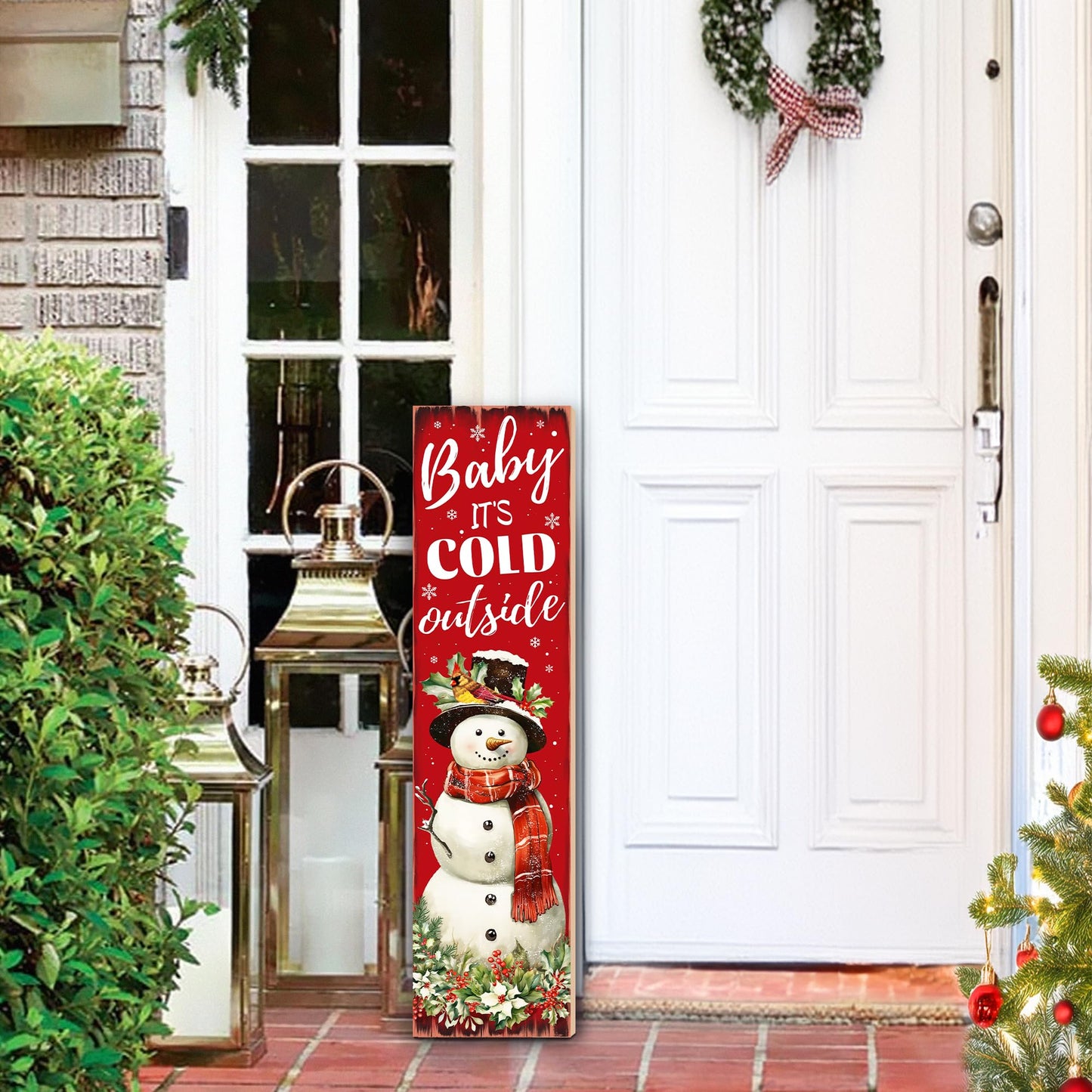 Christmas Snowman "Baby It’s Cold Outside" Porch Sign 31.5" Rustic Welcome Sign for Front Door Farmhouse Style Standing Porch Decoration