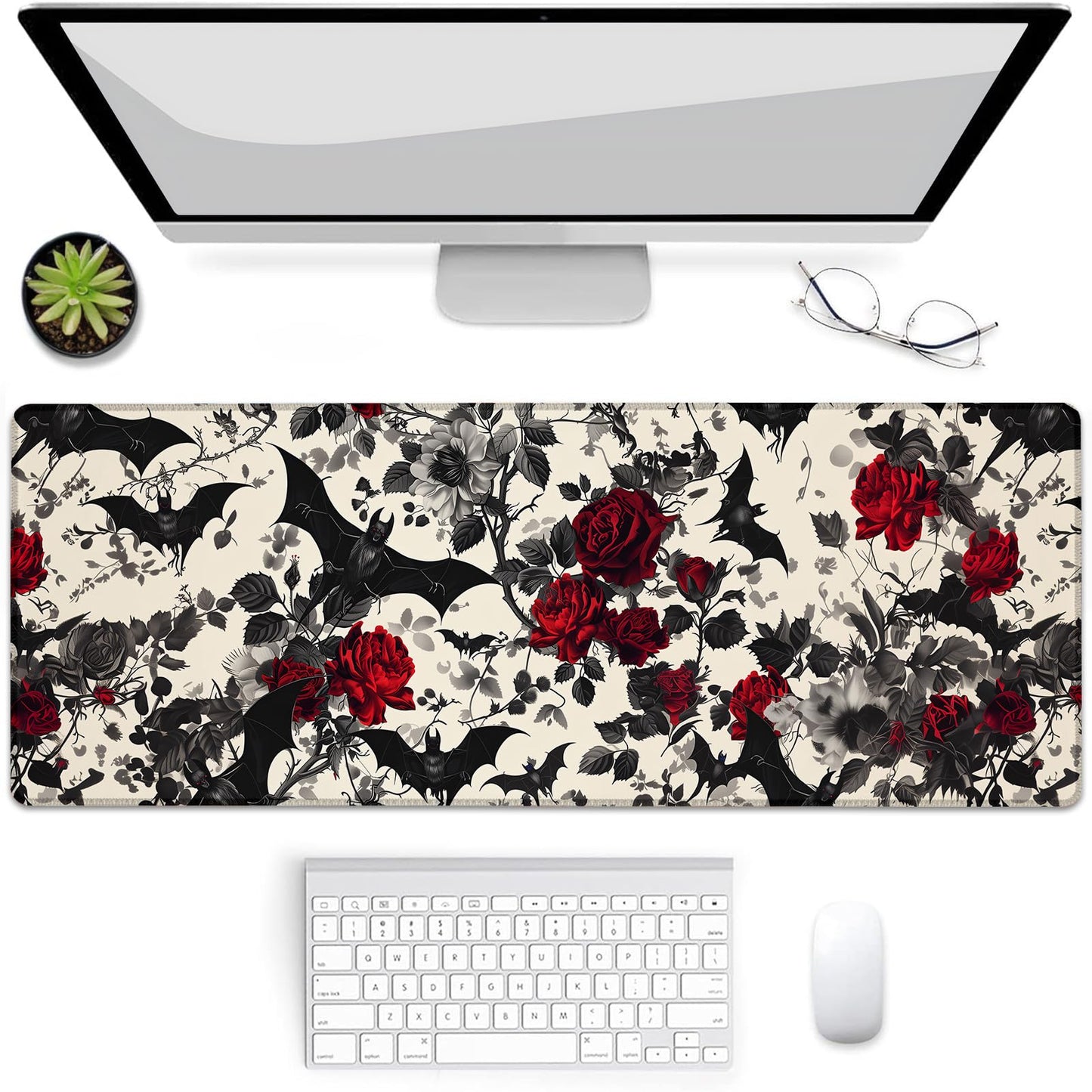 Gothic Bats and Roses Gaming Mouse Pad, Mouse Pad, Desk Mat, Non-Slip Rubber Base MousePads for Computers Laptop Office School Home Accessories Decor Gifts 31.5" x 11.8"