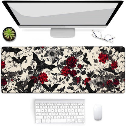 Gothic Bats and Roses Gaming Mouse Pad, Mouse Pad, Desk Mat, Non-Slip Rubber Base MousePads for Computers Laptop Office School Home Accessories Decor Gifts 31.5" x 11.8"