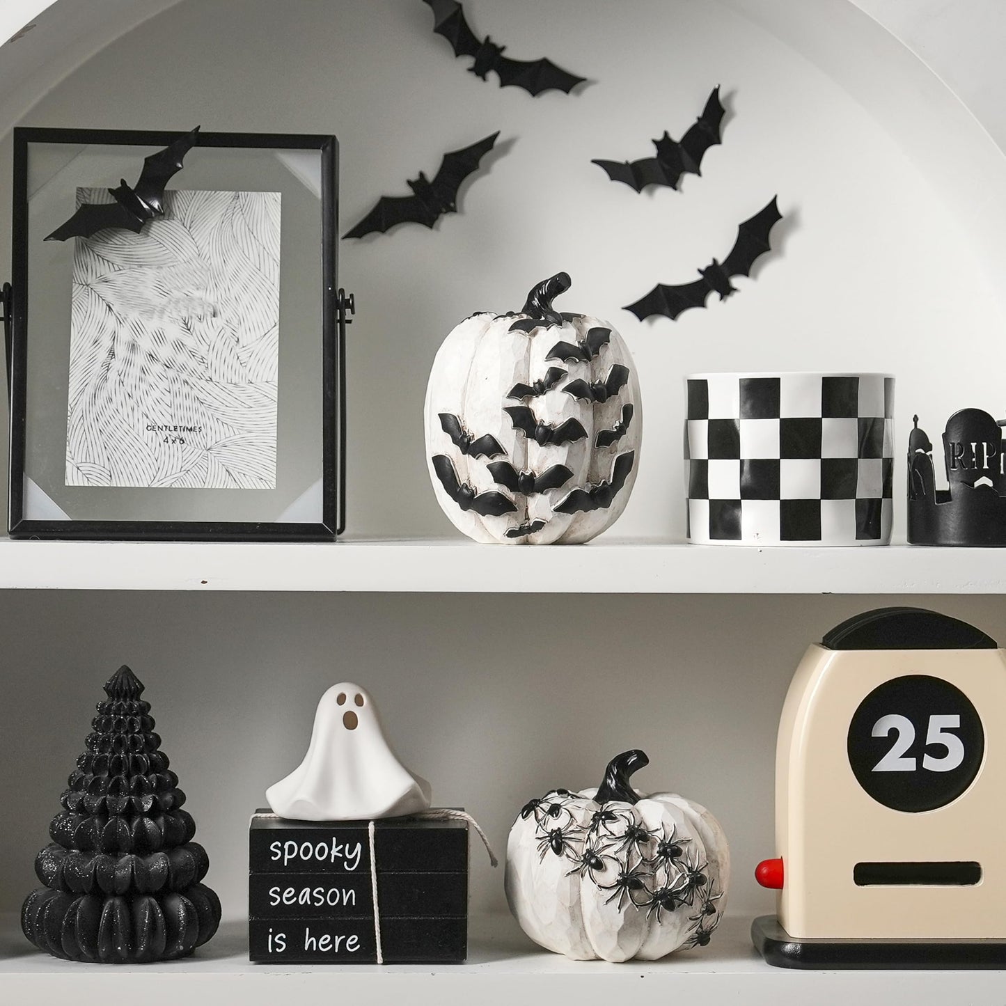 FESTGLOX Resin Halloween Pumpkins with Bats and Spiders, 2Pcs White and Black Pumpkin Decor, Small Decorative Pumpkin for Halloween Decorations, Home Tabletop Indoor Party Decor
