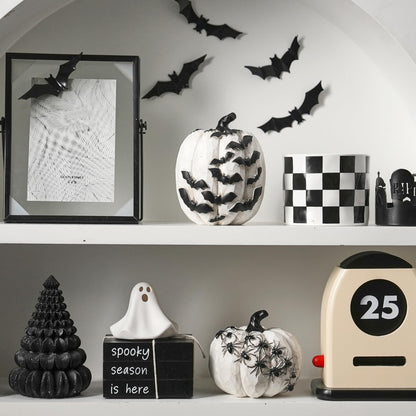 FESTGLOX Resin Halloween Pumpkins with Bats and Spiders, 2Pcs White and Black Pumpkin Decor, Small Decorative Pumpkin for Halloween Decorations, Home Tabletop Indoor Party Decor