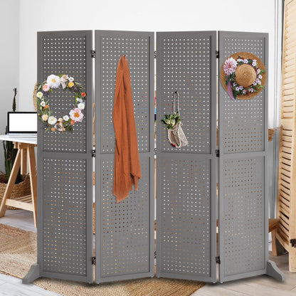 Bonnlo 4 Panel Pegboard Freestanding, 5 FT Portable Display Board Organizer for Craft Show Jewelry, Wooden Folding Privacy Screen Room Divider (with Base, Grey)