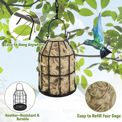 Bird Nesting Material Holders, 2 Pack Refillable Hummingbird Nest Cages Sets with Natural Mixing Cotton Material for Wild Birds, Outdoor Indoor Patio Garden Hanging Decor for Bird Lovers