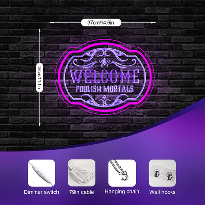 DREAMFORT Welcome Foolish Mortals Neon Sign - Haunted Mansion LED Wall Decor for Christmas, Horror Parties & Themed Bars, USB-Powered with Adjustable Brightness, Spooky Flicker Effect