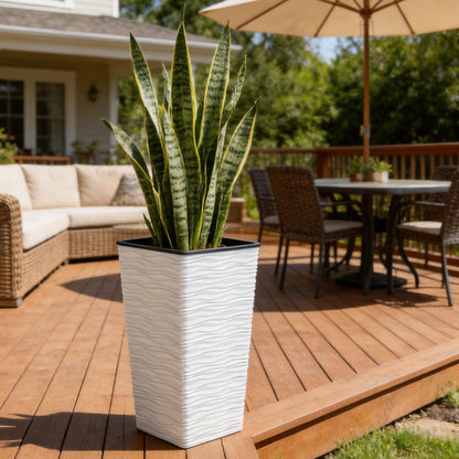 Worth 2 Pack 22" Tall Plastic Square Tapered Planter with Inside Pots for Indoor or Outdoor Use, Modern Wavy Finish for Front Porch or Deck, White