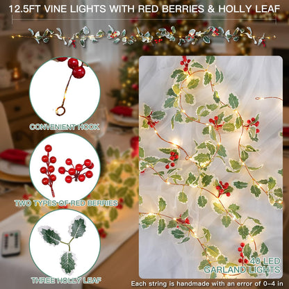 suddus 40 LED Battery Powered Christmas Fairy Lights, 12.5ft Vine String with Red Berries & Holly Leaf, Ideal for Xmas Decor