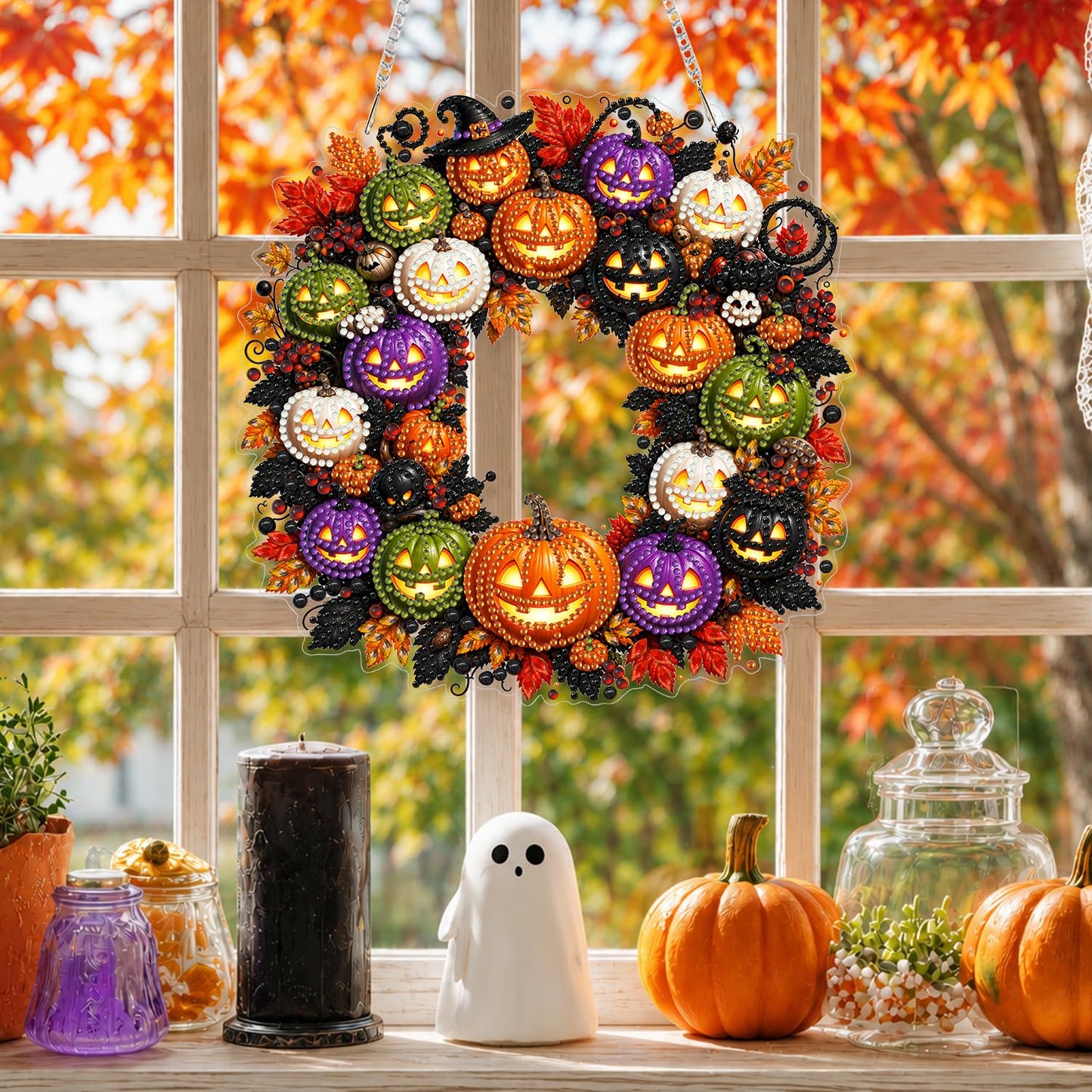 Yunzlly DIY Hanging Halloween Diamond Art Pendant Kit, Special Crystal Pumpkin Diamonds Painting Ornament Kit for Adults Acrylic Board Gem Painting Kit (Pumpkin Wreath)