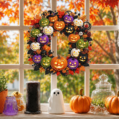 Yunzlly DIY Hanging Halloween Diamond Art Pendant Kit, Special Crystal Pumpkin Diamonds Painting Ornament Kit for Adults Acrylic Board Gem Painting Kit (Pumpkin Wreath)