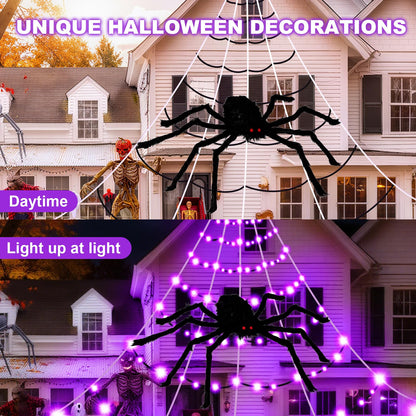 Halloween Decorations Spider Web Lights, 250 LED Purple Lights 19.7FT x 14.8FT Giant Halloween Decorations with 8 Modes Waterproof for Indoor Outdoor House Garden Yard，30" Large Spider Included