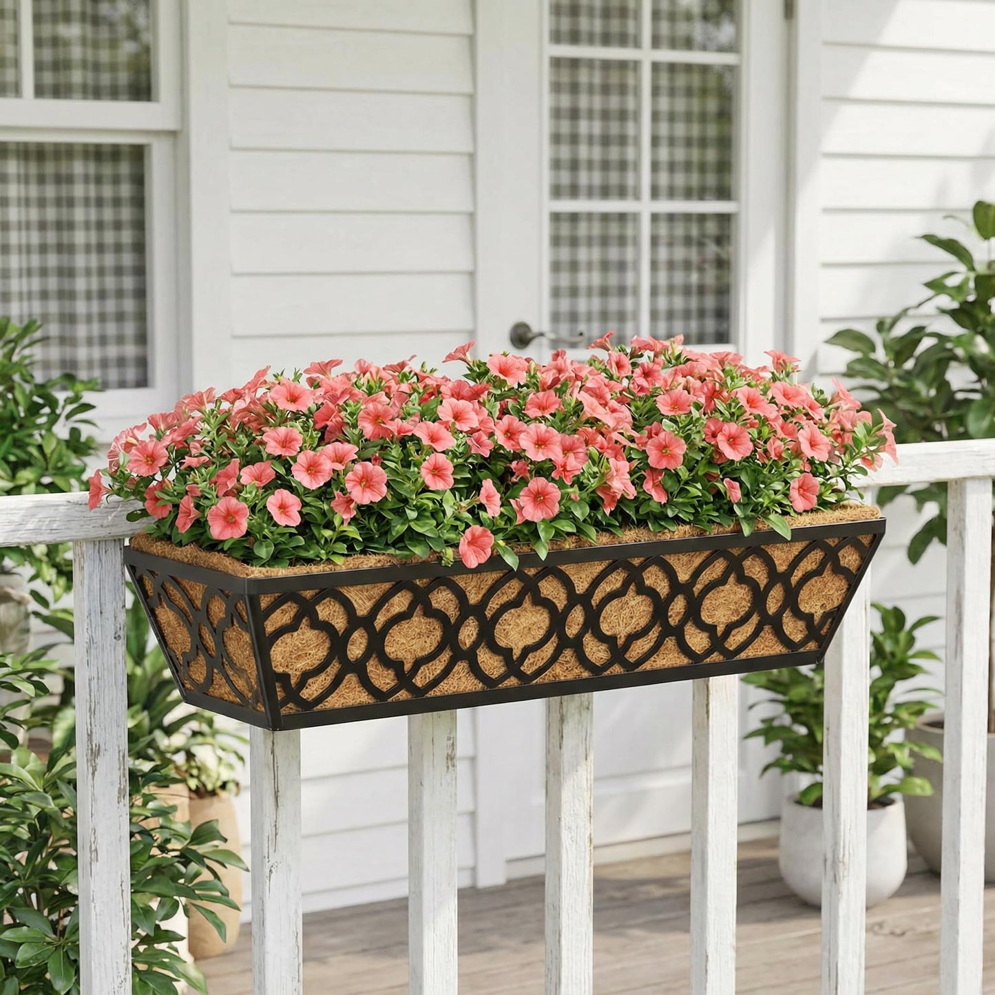 Y&M Deck Railing Planter Boxes, Adjustable Balcony Planter for Outdoor Plants, Metal Railing Planter Box for Deck, Fence and Porch, Window Boxes Outdoor, Sturdy Hanging Planter-24inch 2pcs
