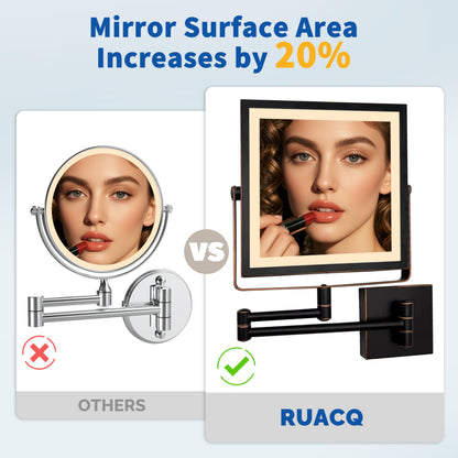Ruacq Rechargeable Wall Mounted Makeup Mirror with Lights, Double Sided 1X/10X Magnifying Vanity Mirror with 3 Color Lighting, Touch Screen Dimmable, 360° Rotation Extension Foldable Arm(Matte Black)