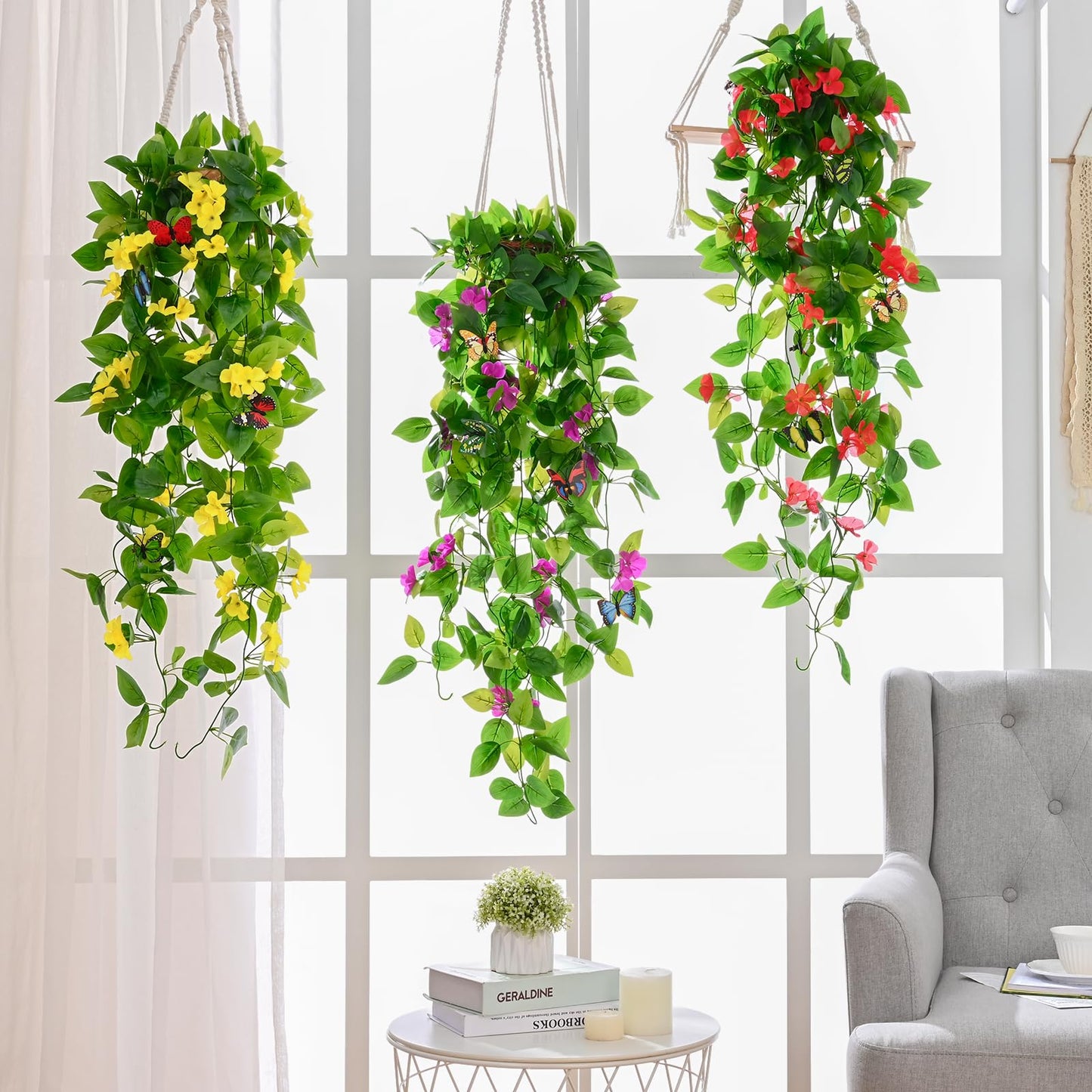 BLEUM CADE Artificial Hanging Flowers for Outdoors, 2pcs Fake Hanging Plants Pothos Vines with Purple Flowers for Wall Home Living Room Indoor Outdoor Decor (No Baskets)
