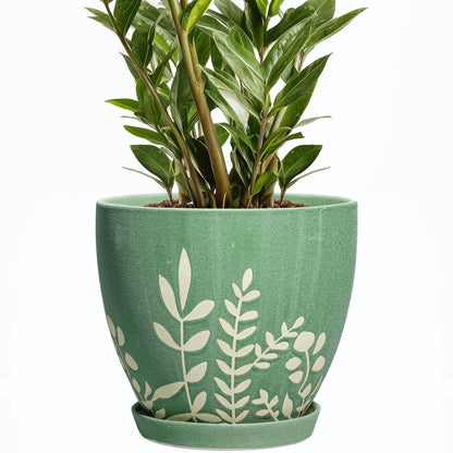 EPFamily 8 Inch Indoor Plant Pot with Drainage and Saucer - Ceramic Planter for Indoor Outdoor Plants, Decorative Flower Pot, Desk Home Office Garden Decor, Plant Lovers Gifts, Green