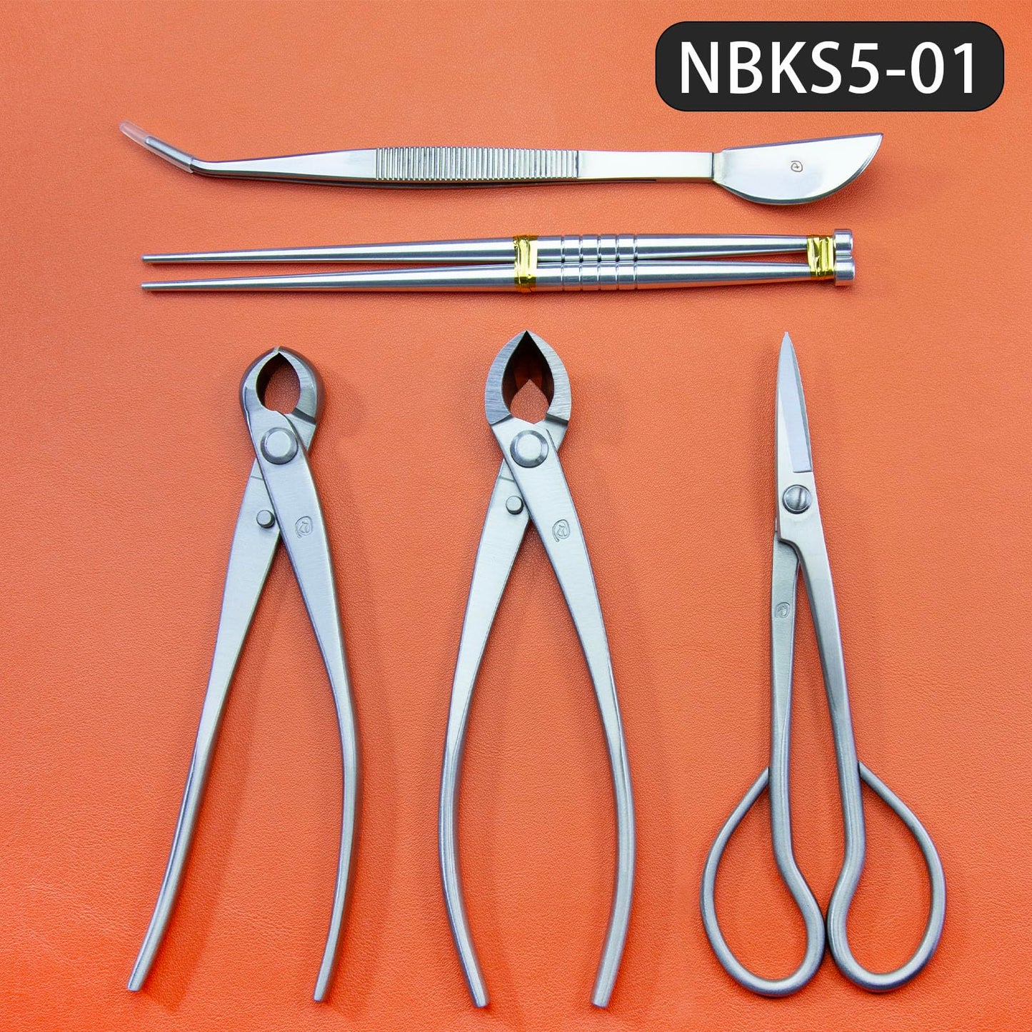 Small Size TianBonsai Bonsai Tools 5-Piece Alloy Steel Bonsai tool Kit In Cluding 180mm Long Handle Scissors / 180mm Branch Cutter / 180mm Knob Cutter / 200mm Straight Root Hook / Tweezers (NBKS5-01)