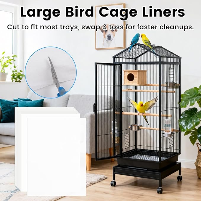 23.6x16.9in Bird Cage Liners - 200 Sheets Pre-cut Disposable Cage Tray Liners, High Absorbent Non-Woven Pads for Parrots, Cockatiels and Small Animals