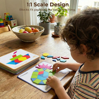 3 otters Wooden Pattern Blocks Shapes for Kids, Geometric Tangram Puzzle with Activity Cards, 150 PCS Educational Toy