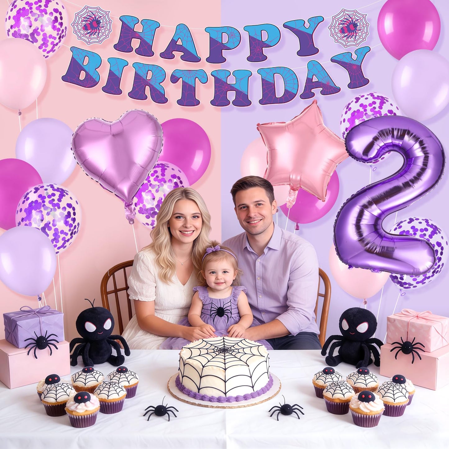 37pcs Ghost Spider Birthday Decorations-Purple Number Balloon,Happy Birthday Banner,Pink/Purple Balloons,Ghost Spider Theme Birthday Decor for HappyBirthday Party (Spider-Purple-2nd)