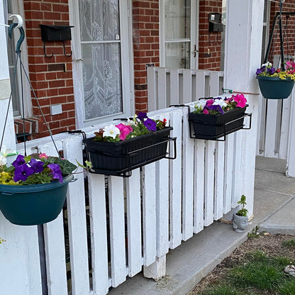 KEILEOHO 6 Pack 17 Inch Plastic Window Flower Box Planter, Rectangular Windowsill Planters with Trays and 30 Plant Labels, Countryside Flower Box Planter Plastic Vegetable Planters, Black