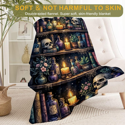 ainori Enchanted Skull Bookshelf Fleece Throw Blanket 50x60 Inch,Gothic Skeleton Potion Shelf Decorative Throws,Lightweight Blankets for Bedroom Library Halloween,Cozy Gifts for Readers Goth Lovers