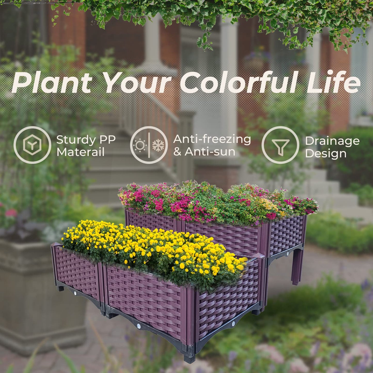 Doppy Plastic Raised Garden Bed Set of 4, Garden Bed Planter Kit for Outdoor Indoor Plants Elevated Garden Boxes Plant pots for Vegetables, Standing Garden Container for Backyard, Patio