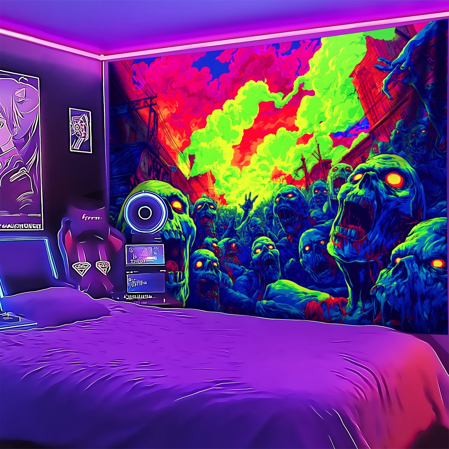 BVBOX Blacklight Halloween Tapestry Horror Moon Night Scary Cemetery Pumpkin Lantern Halloween Tapestry Wall Hanging Skull Horror Poster Banners for Bedroom Livingroom (Zombie-1, 59L x 51W, Unframed)