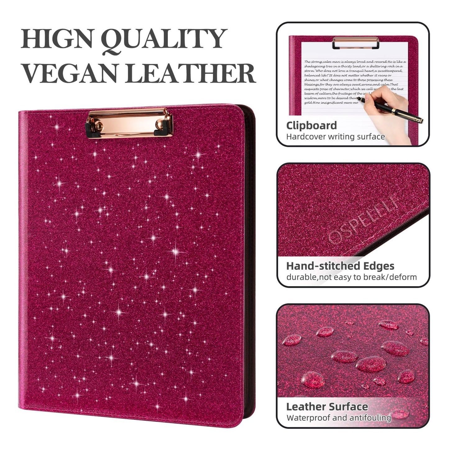 Ospelelf Zipper Clipboard with Storage, Leather Padfolio Portfolio Folder, 3 Ring Binder Dividers with Tabs, 12.1” Tablet Sleeve, Refillable Notepad, Card Slot (Rose Red)