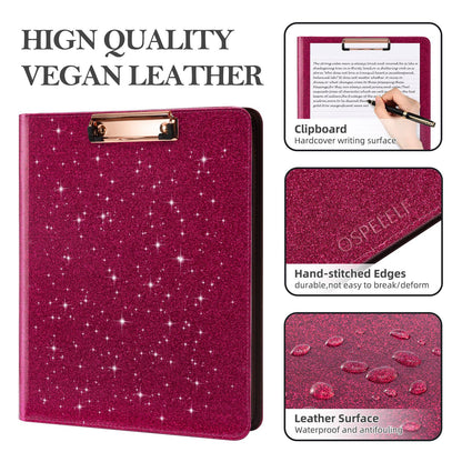 Ospelelf Zipper Clipboard with Storage, Leather Padfolio Portfolio Folder, 3 Ring Binder Dividers with Tabs, 12.1” Tablet Sleeve, Refillable Notepad, Card Slot (Rose Red)