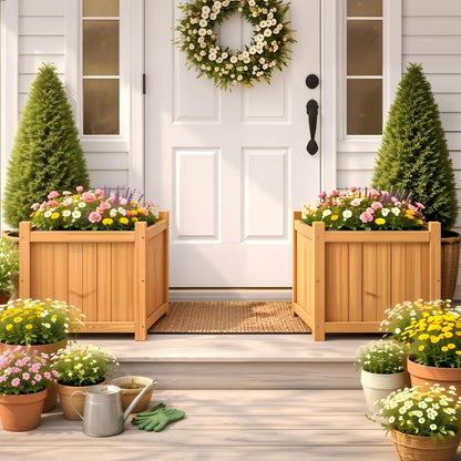 Ultym Set of 2 Fir Wood Square Planter Boxes, 18" Extra Large Outdoor Flower Box with Removable Drainage Base & Non-Woven Liner, Rustic Wooden Planters for Patio Garden Balcony, Wood Bucket Planter