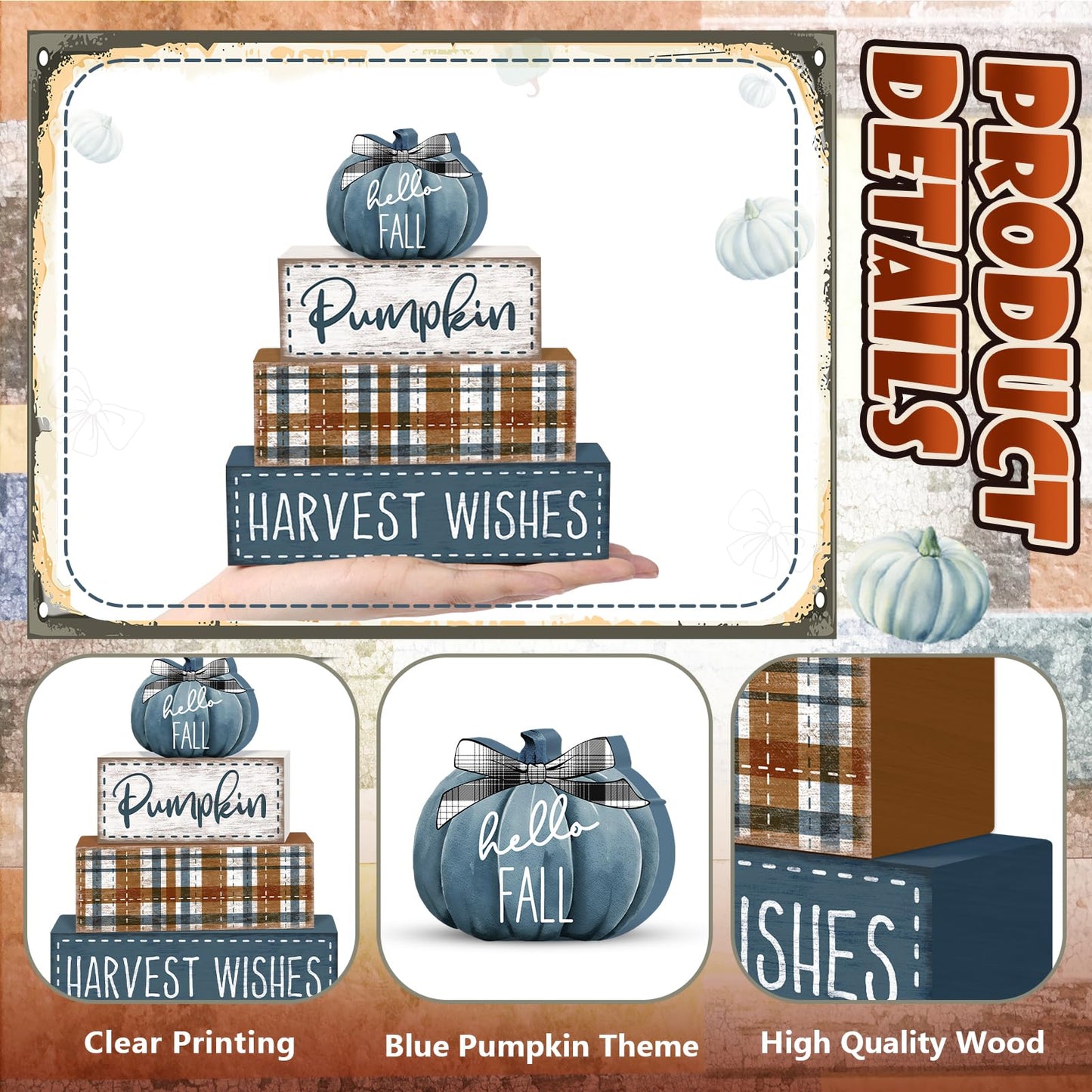 Britimes 4 Pcs Blue Pumpkins Fall Decor Wooden Tiered Tray Sign, Farmhouse Rustic Autumn Pumpkin Decorations Stack Block Set Harvest Wishes Table Centerpieces for Home Kitchen Shelf