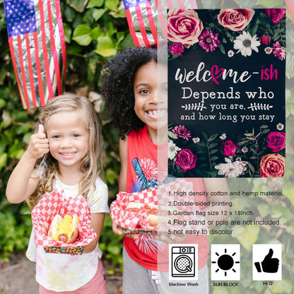 WutePade Welcome-ish Depends on Who You Are & How Long Autumn Flags for Outside Farmhouse Garden Flags for Outside, Halloween Yard Flags for Outside Outdoor Fall Flags 12 x 18 Inches Double Sided