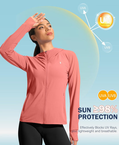 Soothfeel Women's UPF 50+ Sun Protection Hoodie Jacket Lightweight Long Sleeve Sun Shirt for Women with Pocket Hiking Outdoor(Coral, XXL)