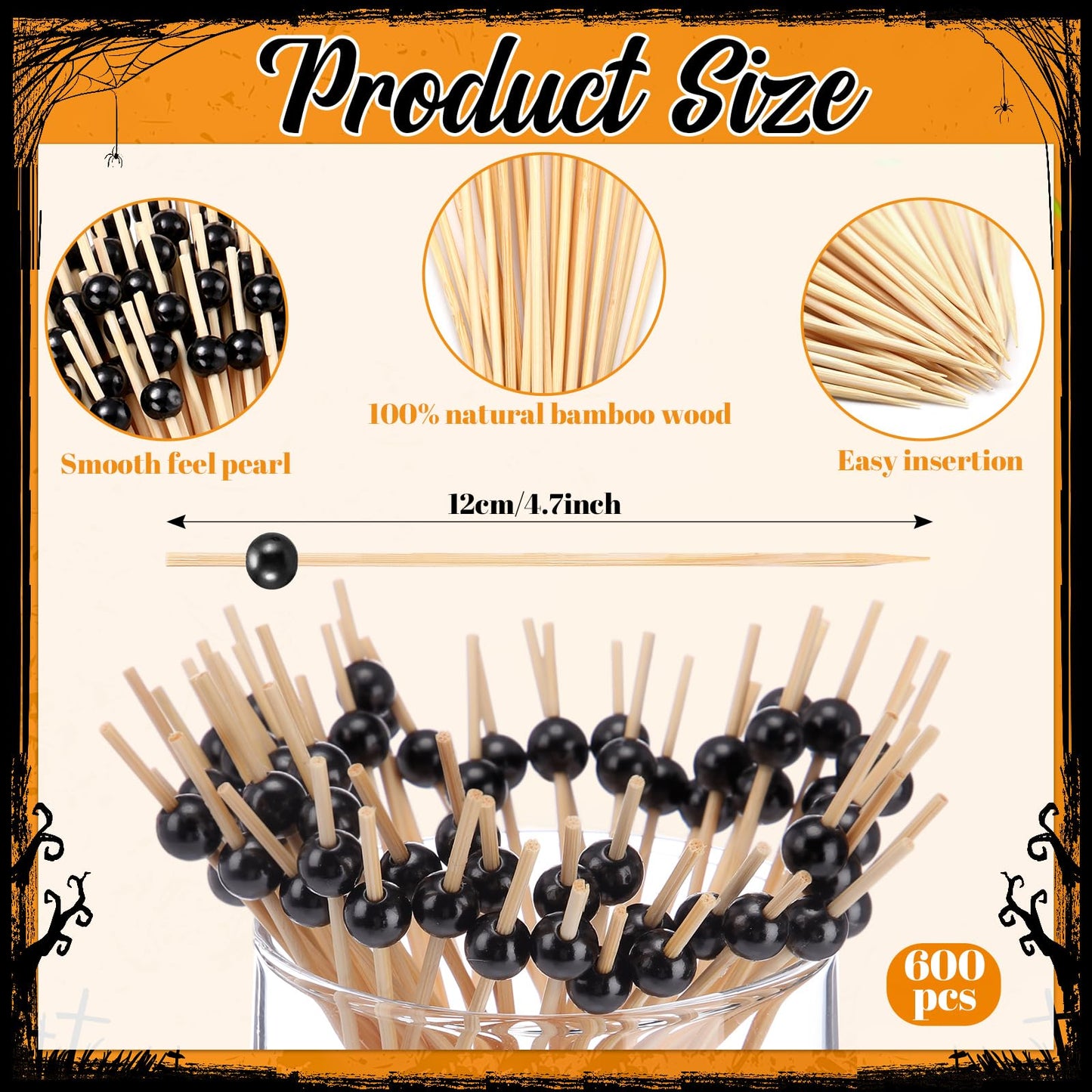 Reallnaive 600 Pcs Cocktail Pick Pearl Fancy Toothpick for Appetizer 4.7 Inch Long Skewer for Drink Fruit Food Bamboo Stick Wedding Bridal Shower Decoration Charcuterie Accessories (Black)