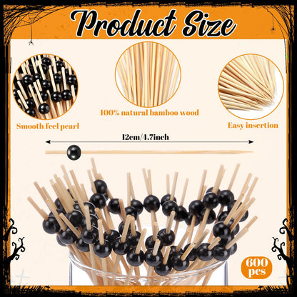 Reallnaive 600 Pcs Cocktail Pick Pearl Fancy Toothpick for Appetizer 4.7 Inch Long Skewer for Drink Fruit Food Bamboo Stick Wedding Bridal Shower Decoration Charcuterie Accessories (Black)