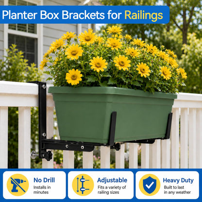Halatool Railing Planter Box Brackets Outdoor, 4 Pack Adjustable Flower Planter Window Box Brackets, Heavy Duty No Drill Window Box Brackets with 65 lb Capacity for Railings Balcony Porch Fence