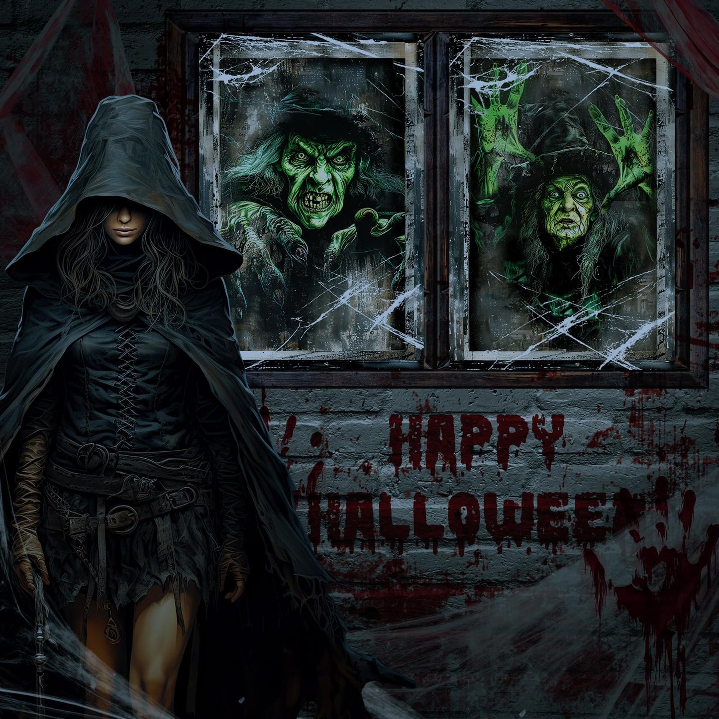 Fanfanwin 3 Pcs Halloween Window Door Covers Set Halloween Scary Window Curtain and Door Cover Spooky Silhouette Props Poster for House Decor(Witch)